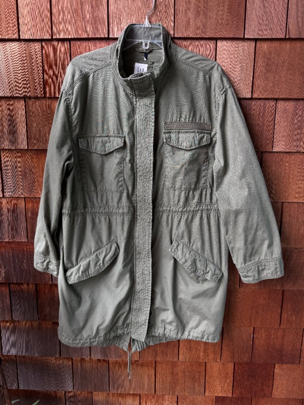 GAP Sage Green Long Zip Front Utility Jacket With Pockets in Women's Large